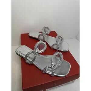 Valentino Garavani Women's 1967 Crystal Silver Leather Flat Sandals Size 6 US